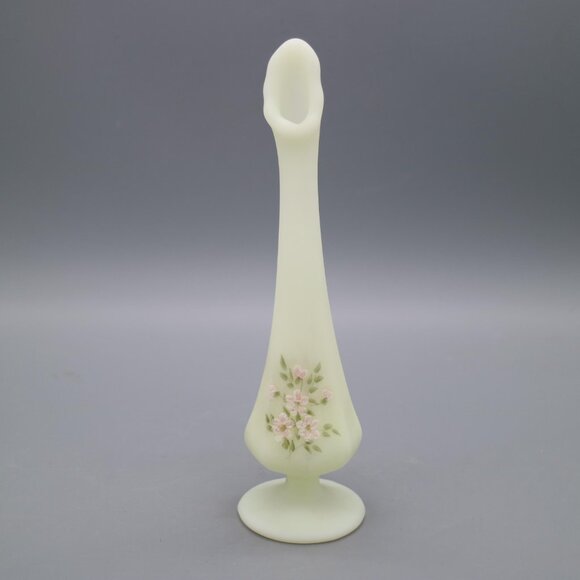 Fenton Yellow Satin Custard Glass Hand Painted Swung Vase Pink Blossoms Signed - Picture 2 of 10